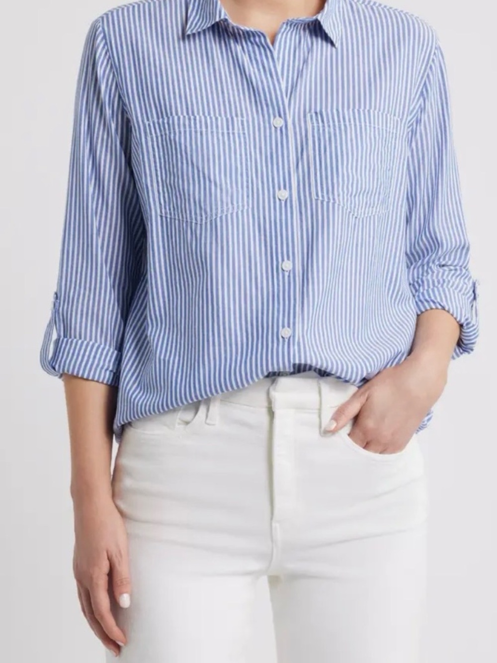 beachlunchlounge Light Blue and White Striped Shirt, medium